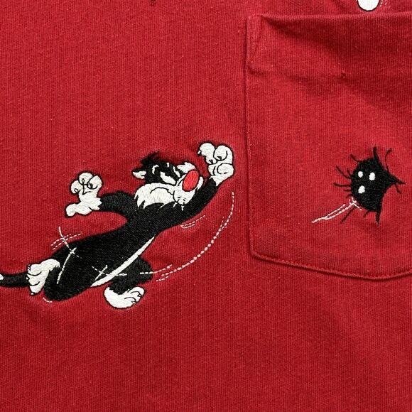 Vintage Looney Tunes Shirt Mens Small Red Sylvester Tweety Bird Bowl Pocket Tee - Picture 7 of 15